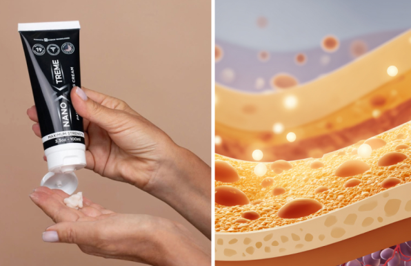 A person applying cream, shown next to an illustration of particles absorbing into skin layers.