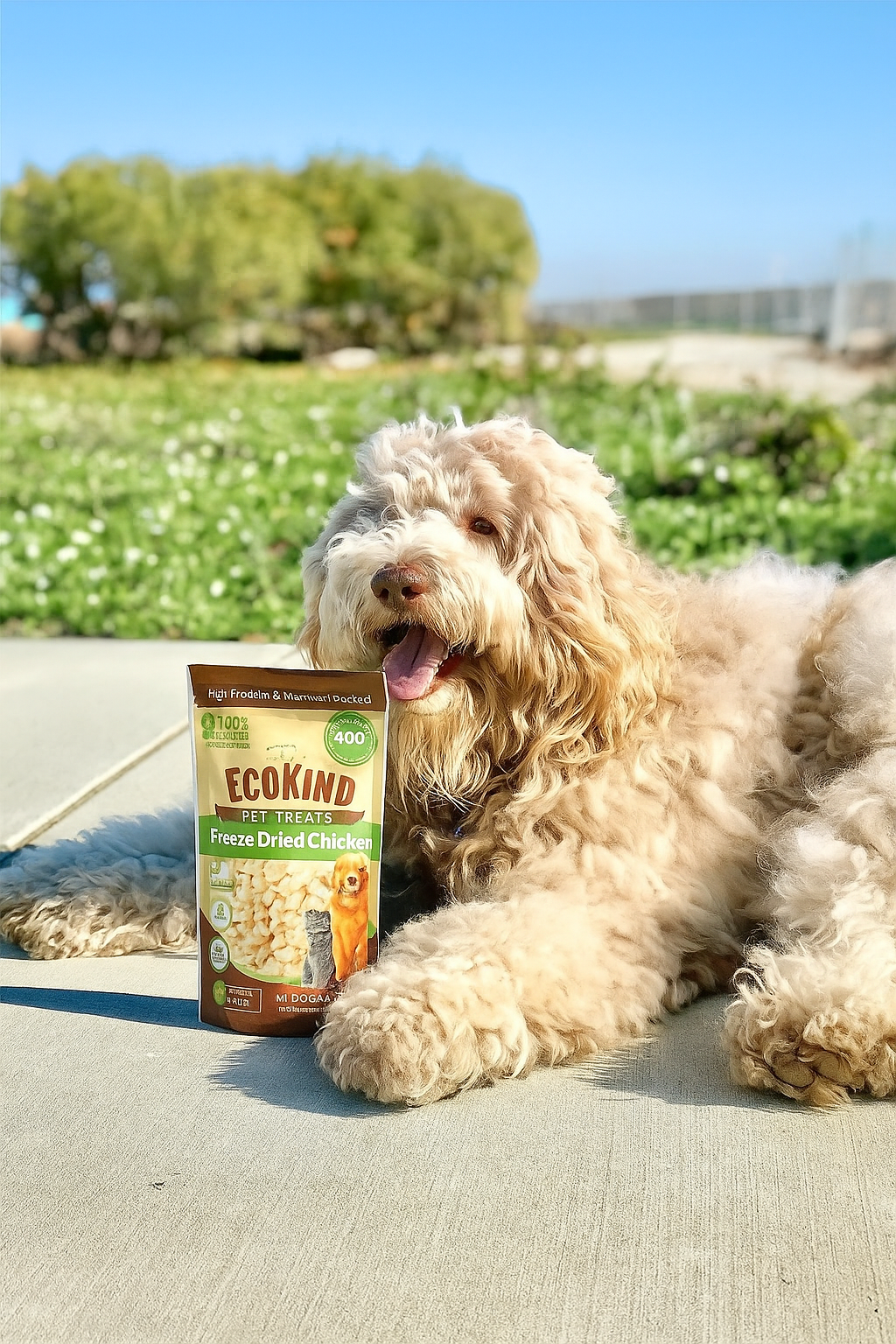 Fluffy dog lying on concrete next to a bag of EcoKind pet treats.