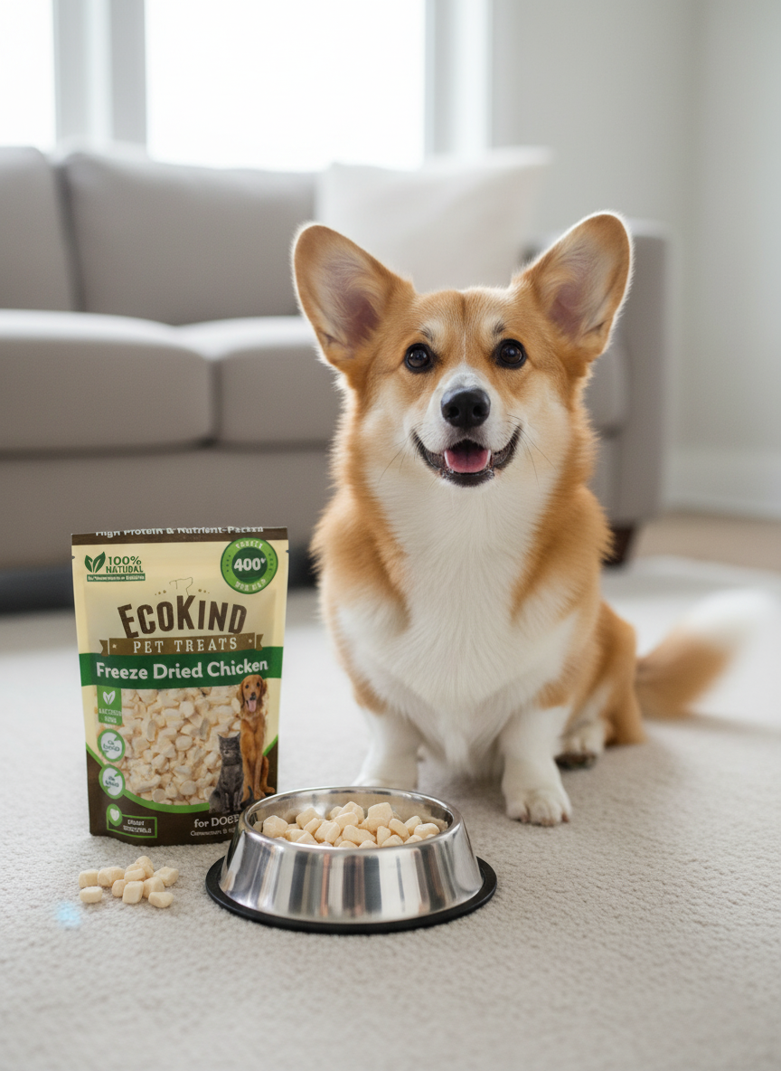 Corgi sitting beside pet treats and a filled dog bowl.