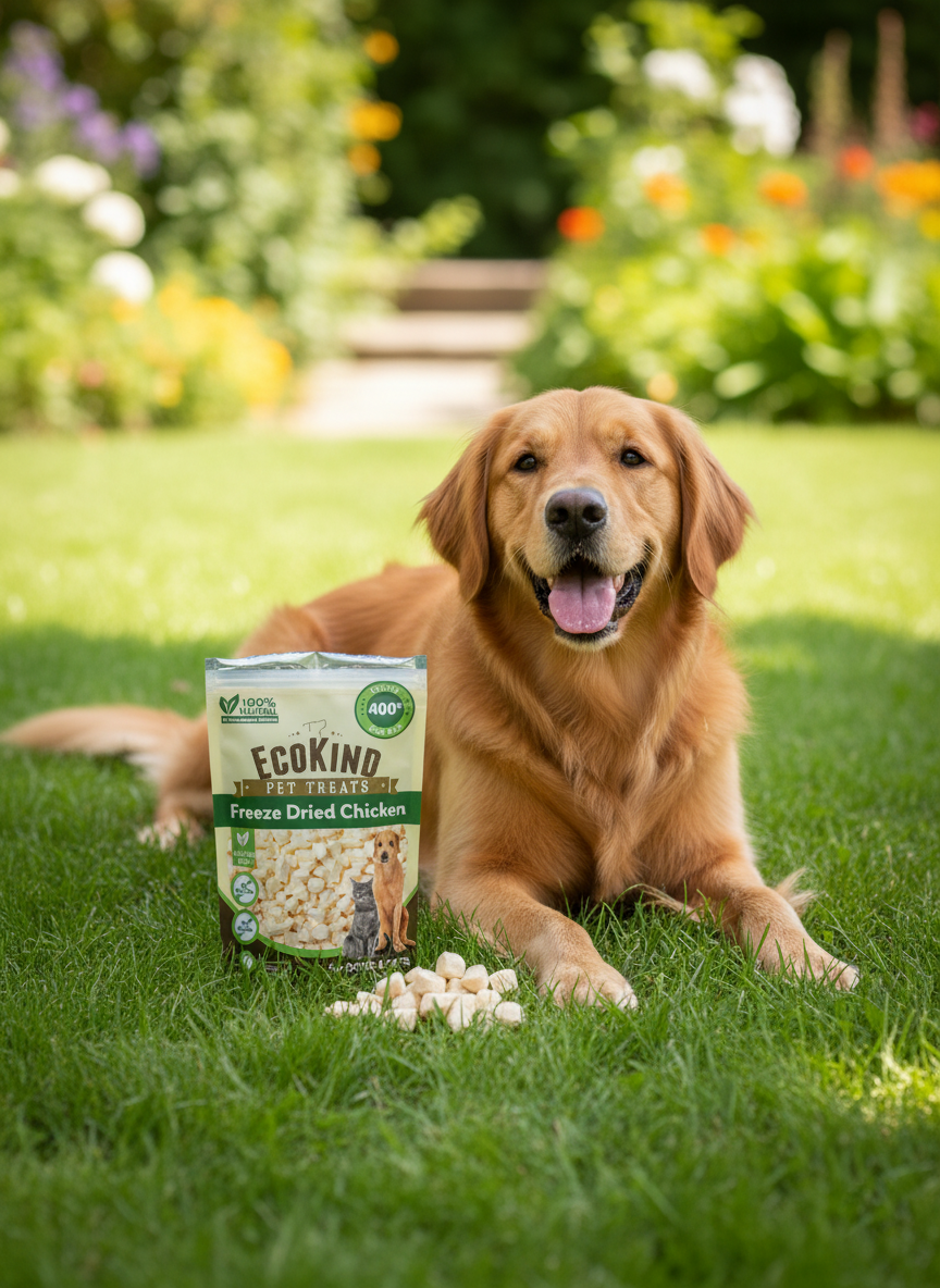 Smiling dog next to a bag of EcoKind pet treats on grass.