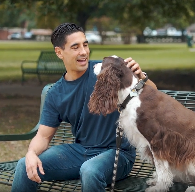 Man sitting on a bench petting a brown and white dog.