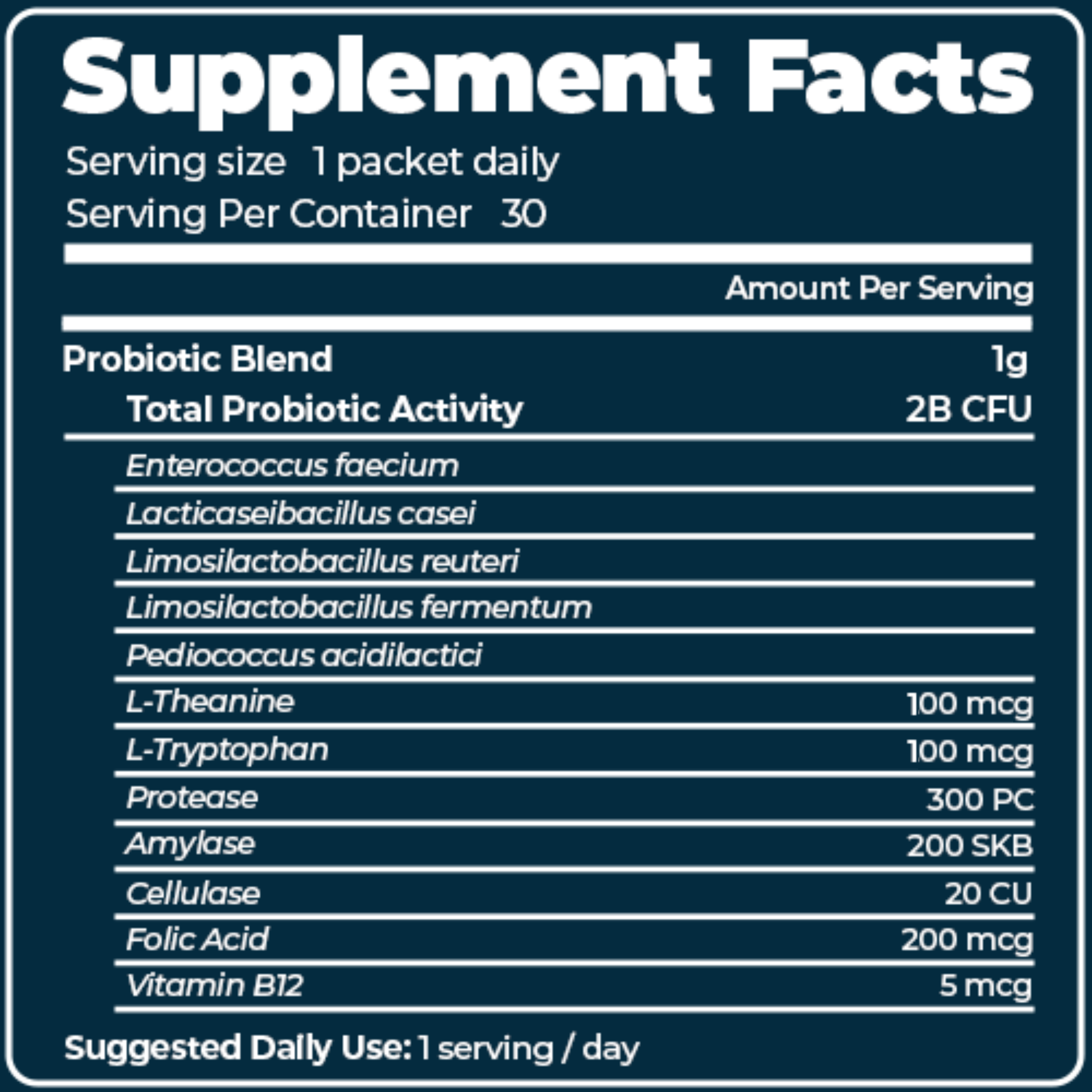 Supplement facts label with probiotic blend and daily serving information.