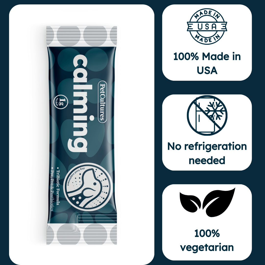 Pet calming product packaging with USA made, no refrigeration, and vegetarian icons.