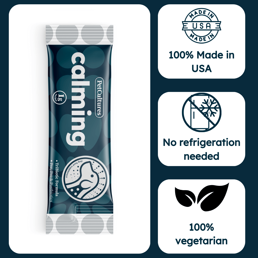 Pet calming product packaging with features: Made in USA, no refrigeration, 100% vegetarian.