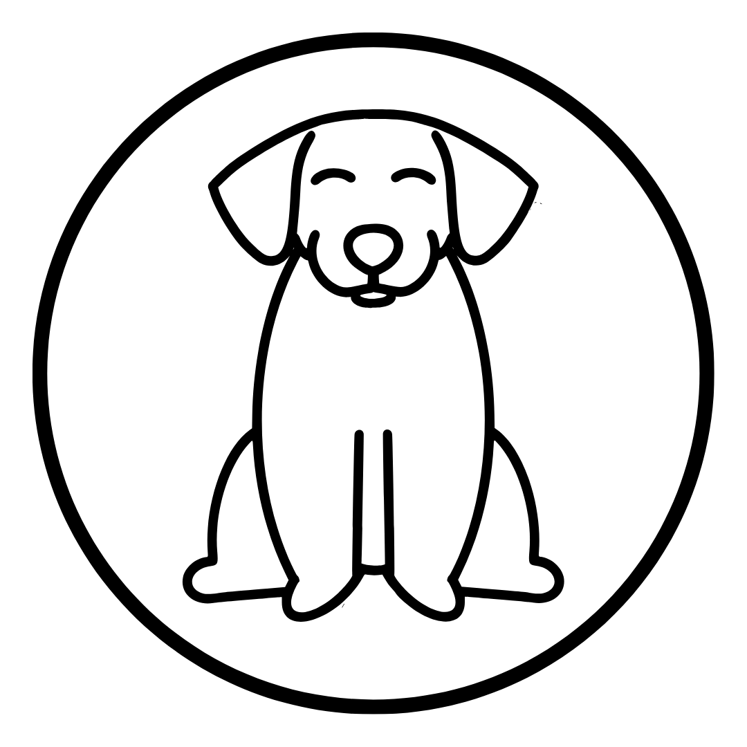 Simple line drawing of a dog inside a circle.