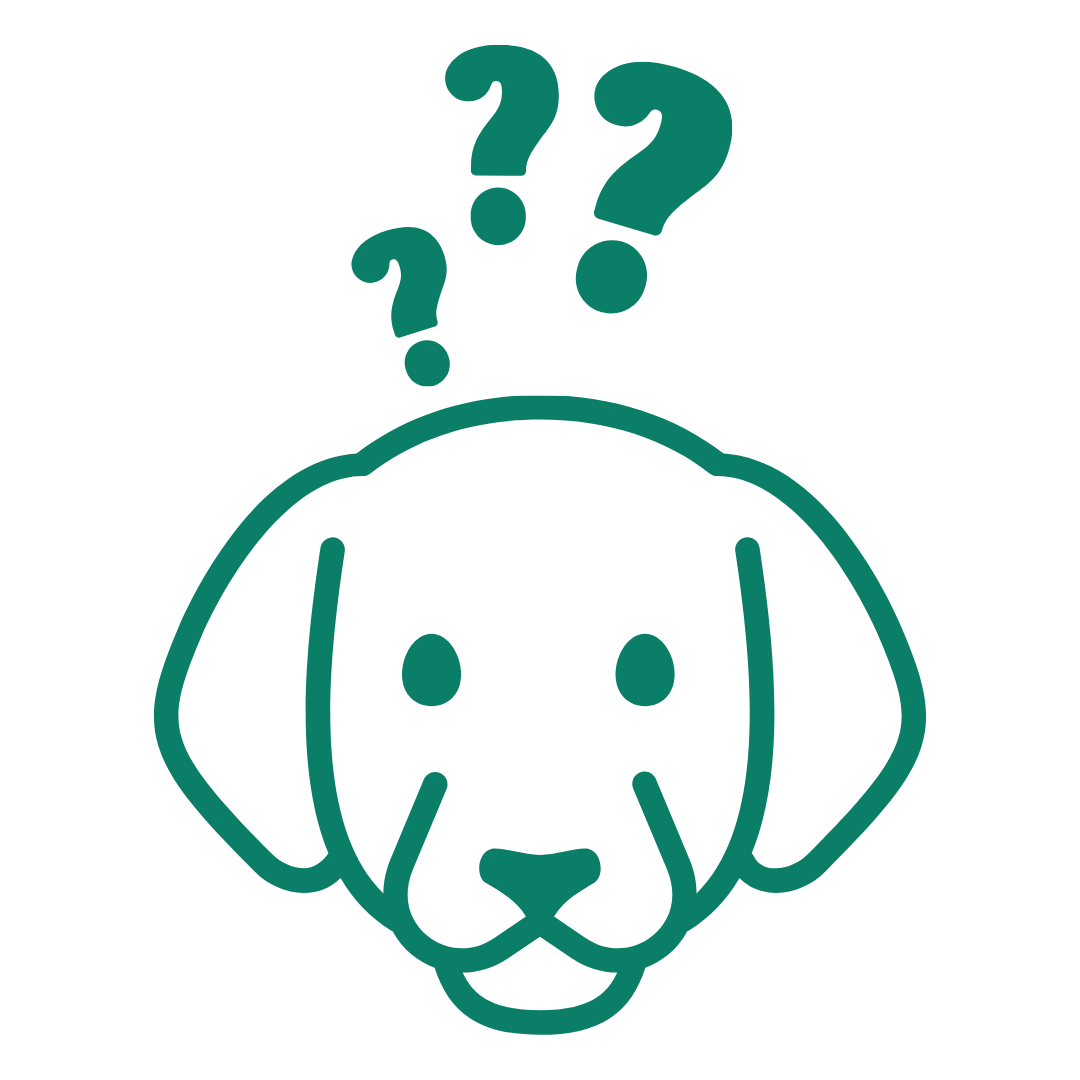 Outline of a dog's face with question marks above it.
