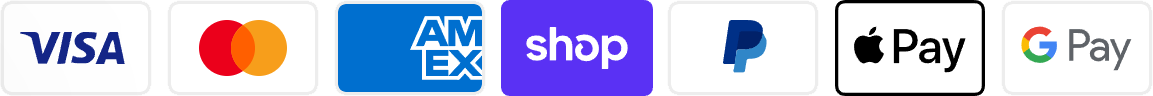 Logos of Visa, Mastercard, Amex, Shop, PayPal, Apple Pay, and Google Pay.