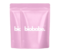 Two pink resealable bags with 'biobabe' text on them.