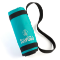 Rolled turquoise yoga mat with black strap and 'Luwello' logo.