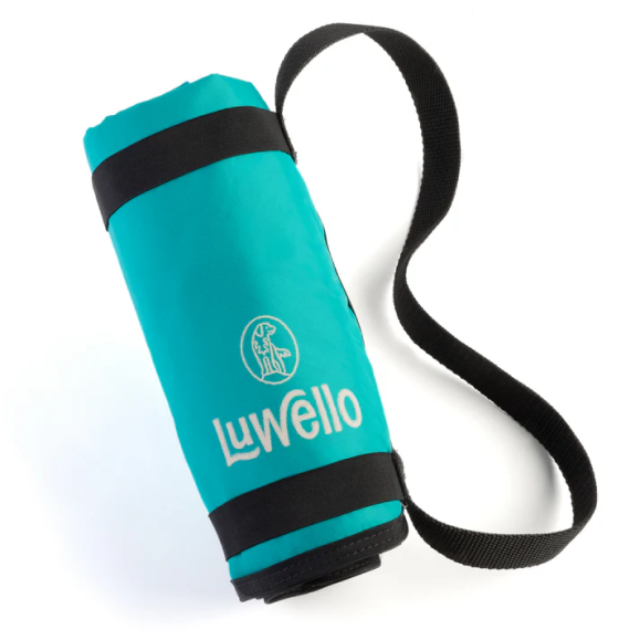 A rolled-up turquoise bag with a black strap and 'Luwello' logo.