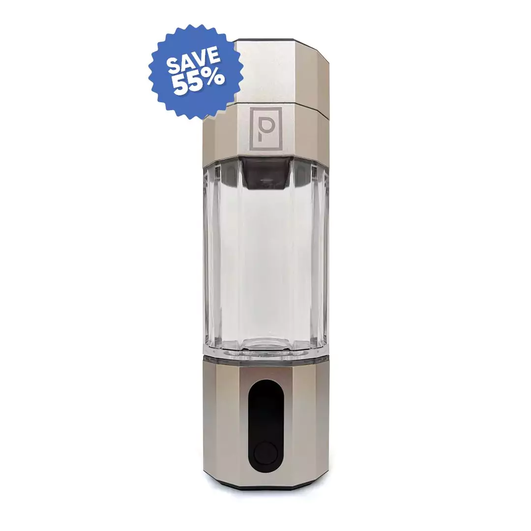 Silver and clear water bottle with a 'Save 55%' badge.