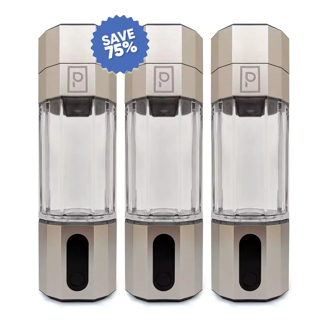 Three identical water bottles with a 75% discount label.