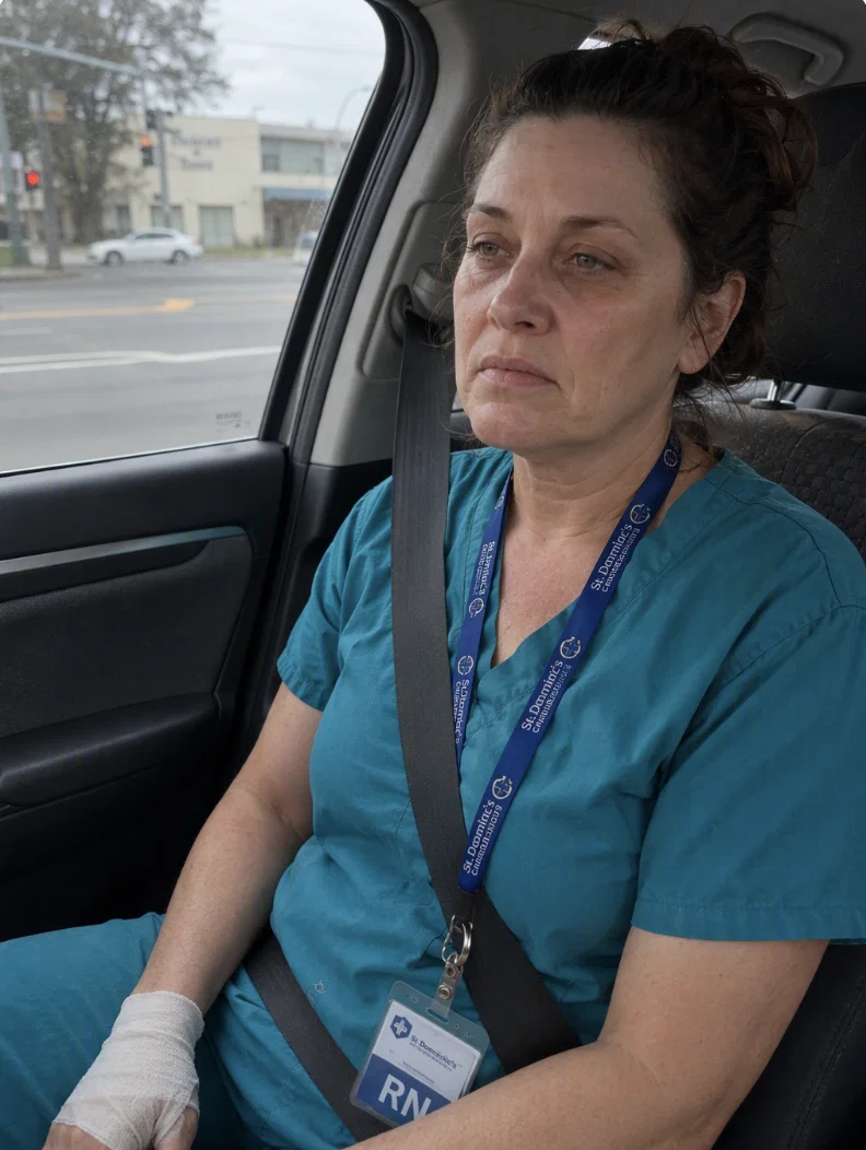 A weary-looking woman in scrubs and an RN badge sits in a car with a bandaged hand.