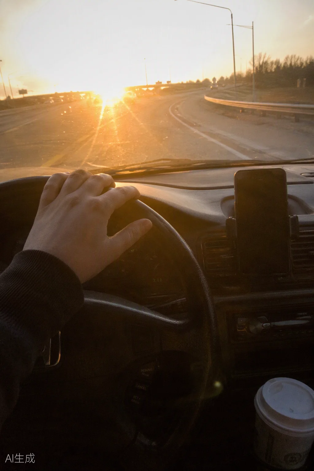 A first-person view from a car, with a hand on the steering wheel, driving toward the sunset.