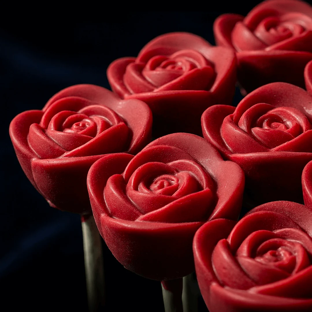 A close-up of several red, rose-shaped lollipops on sticks against a dark background.