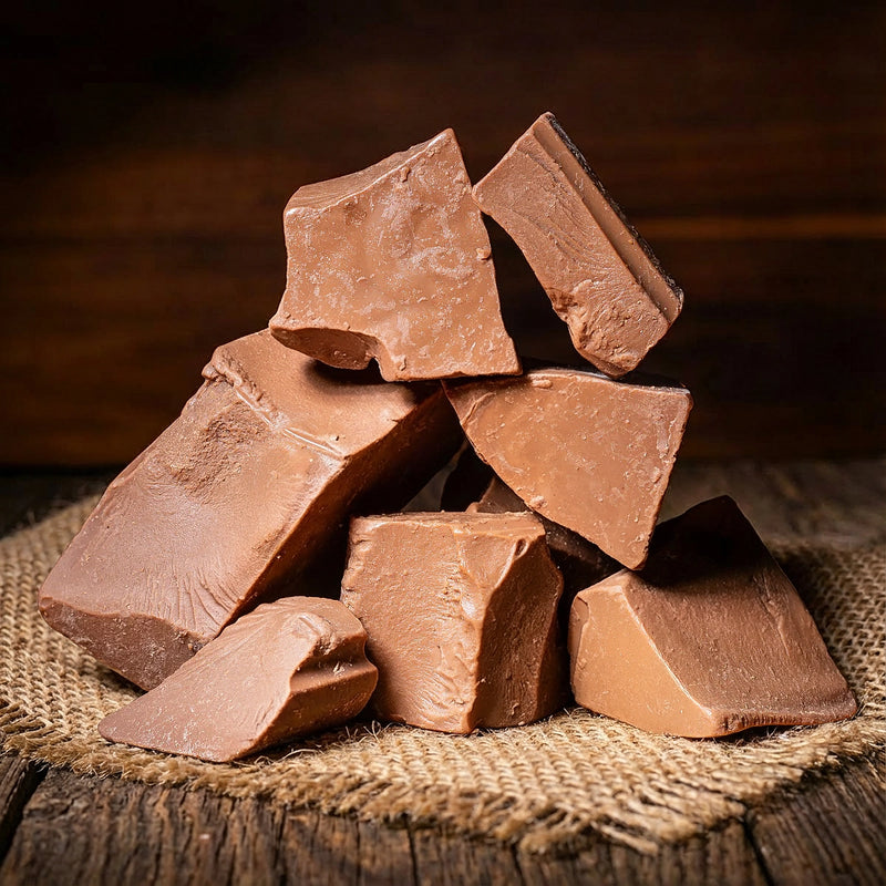 A pile of large, broken chunks of milk chocolate resting on a piece of burlap on a wooden surface.