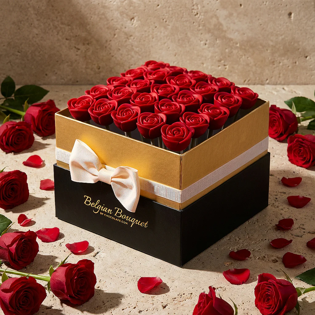 A box of red rose-shaped chocolates is surrounded by real red roses and loose petals.