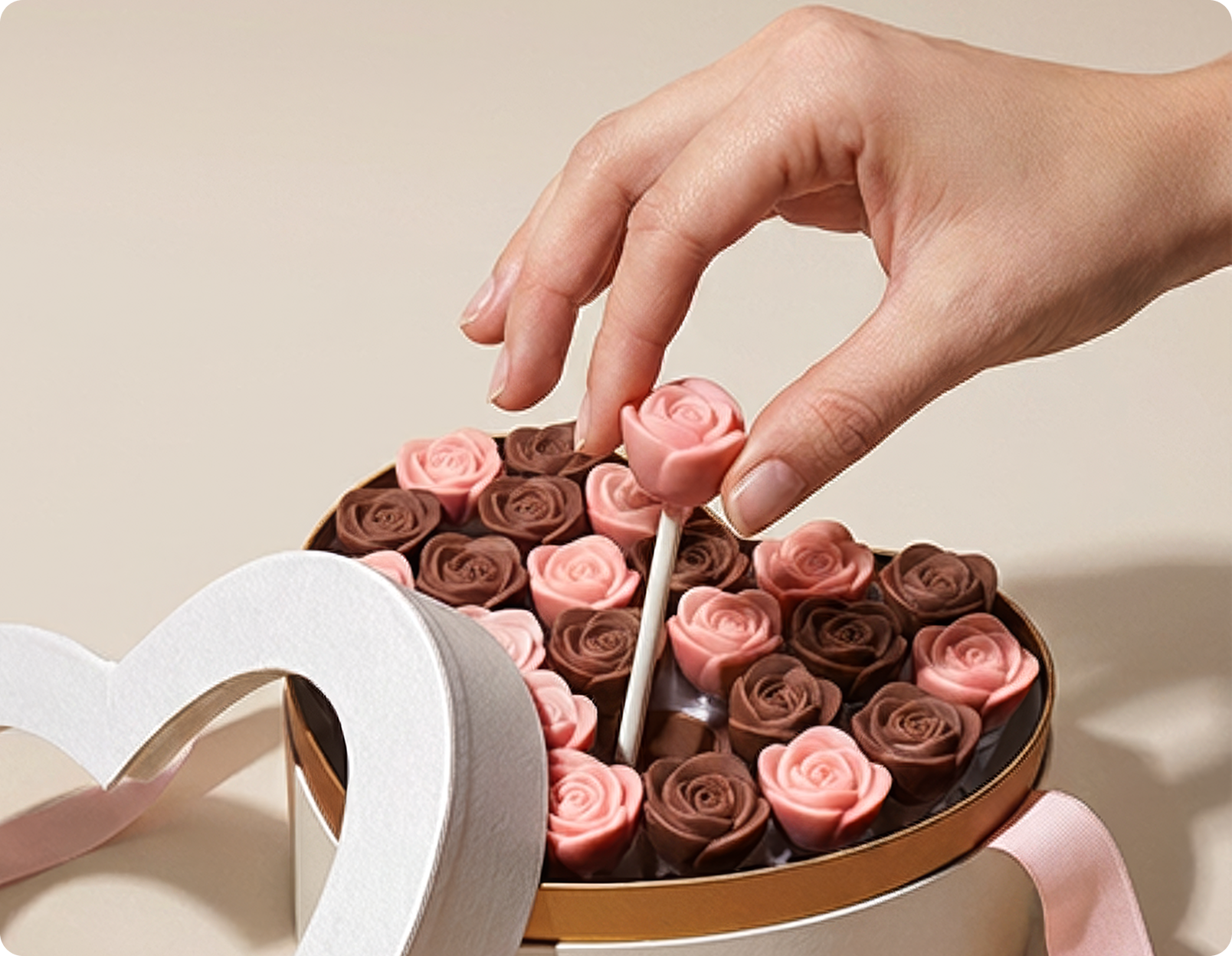 A hand selects a pink rose-shaped lollipop from a heart-shaped box of chocolates.