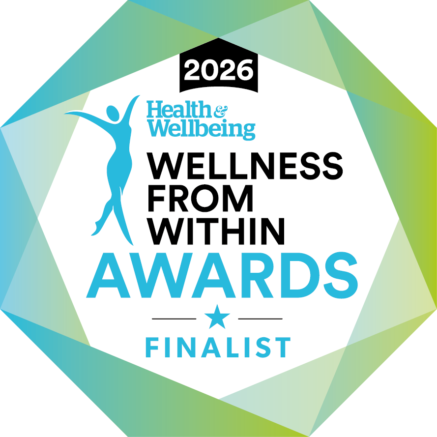 Logo for the 2026 Health & Wellbeing, Wellness From Within Awards, Finalist, in a geometric blue and green frame.