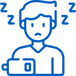 A blue line icon of a tired person holding a phone with a very low battery.
