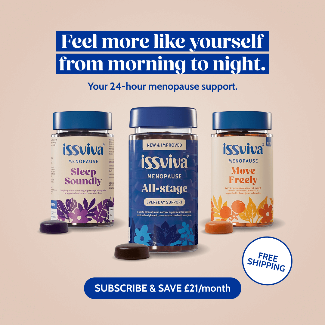 Three bottles of issviva menopause supplements: Sleep Soundly, All-stage, and Move Freely, with gummies in front.