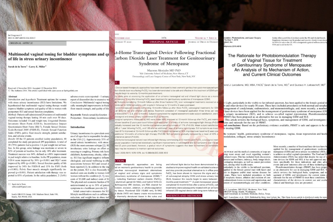 Three scientific articles on vaginal health and treatments displayed side by side.