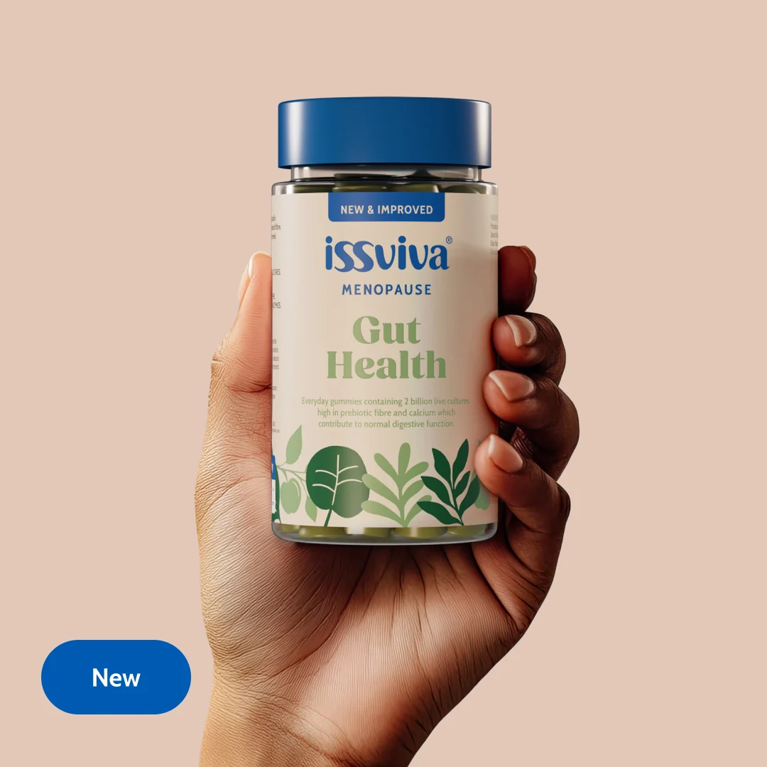 A person's hand holds a bottle of issviva Menopause Gut Health supplements against a plain background.