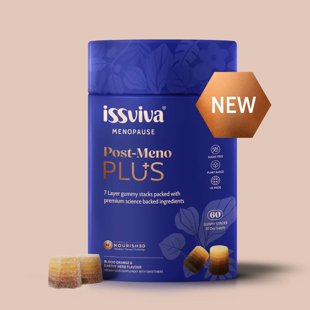A blue bottle of Issviva Post-Meno PLUS supplement, with several layered gummies sitting next to it.