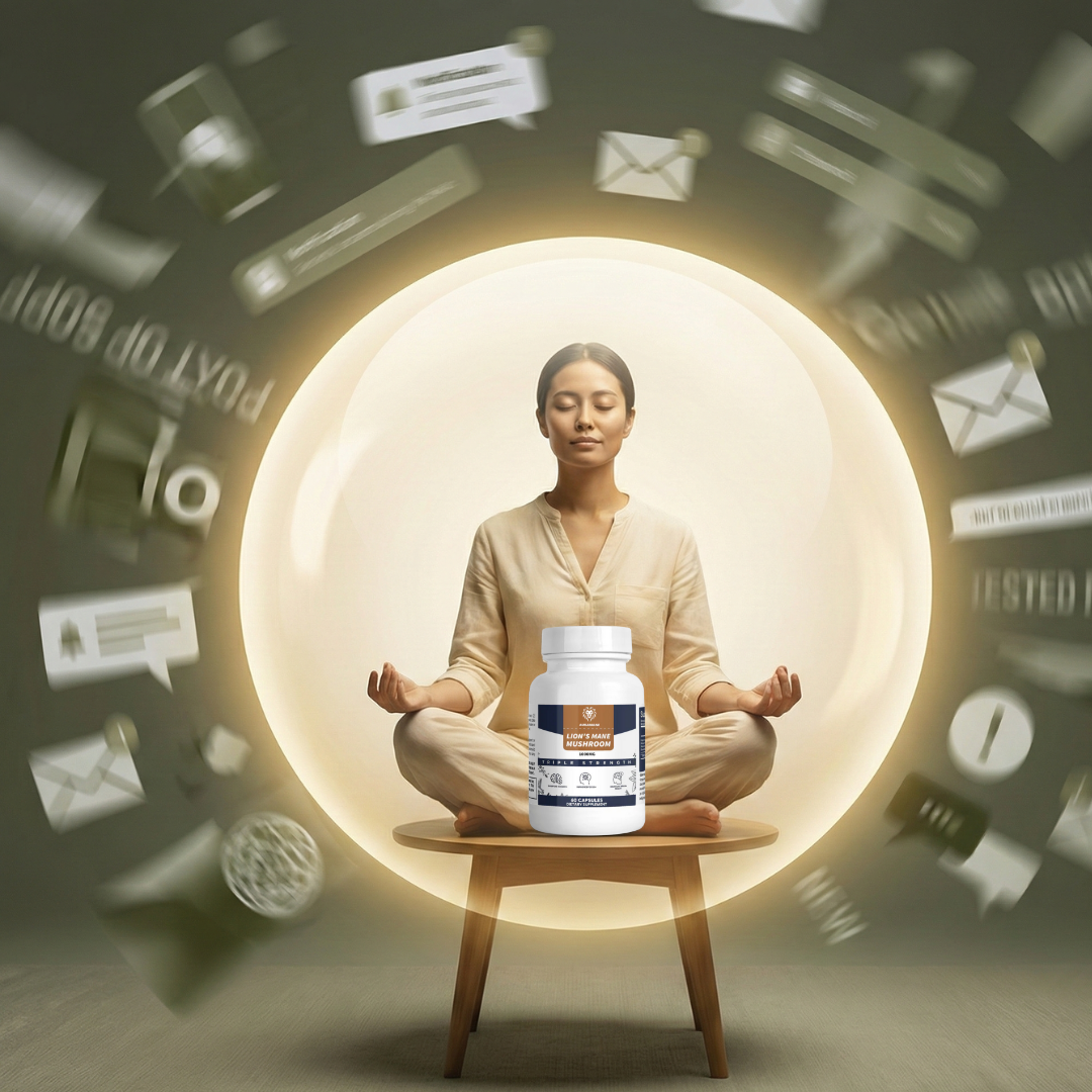 Person meditating on a table with a supplement bottle, surrounded by digital icons.