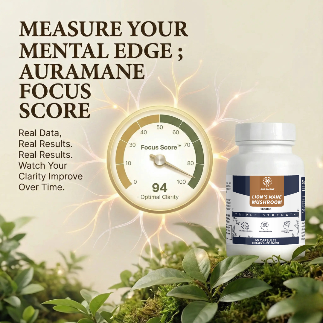Supplement bottle with focus score dial amidst greenery background.