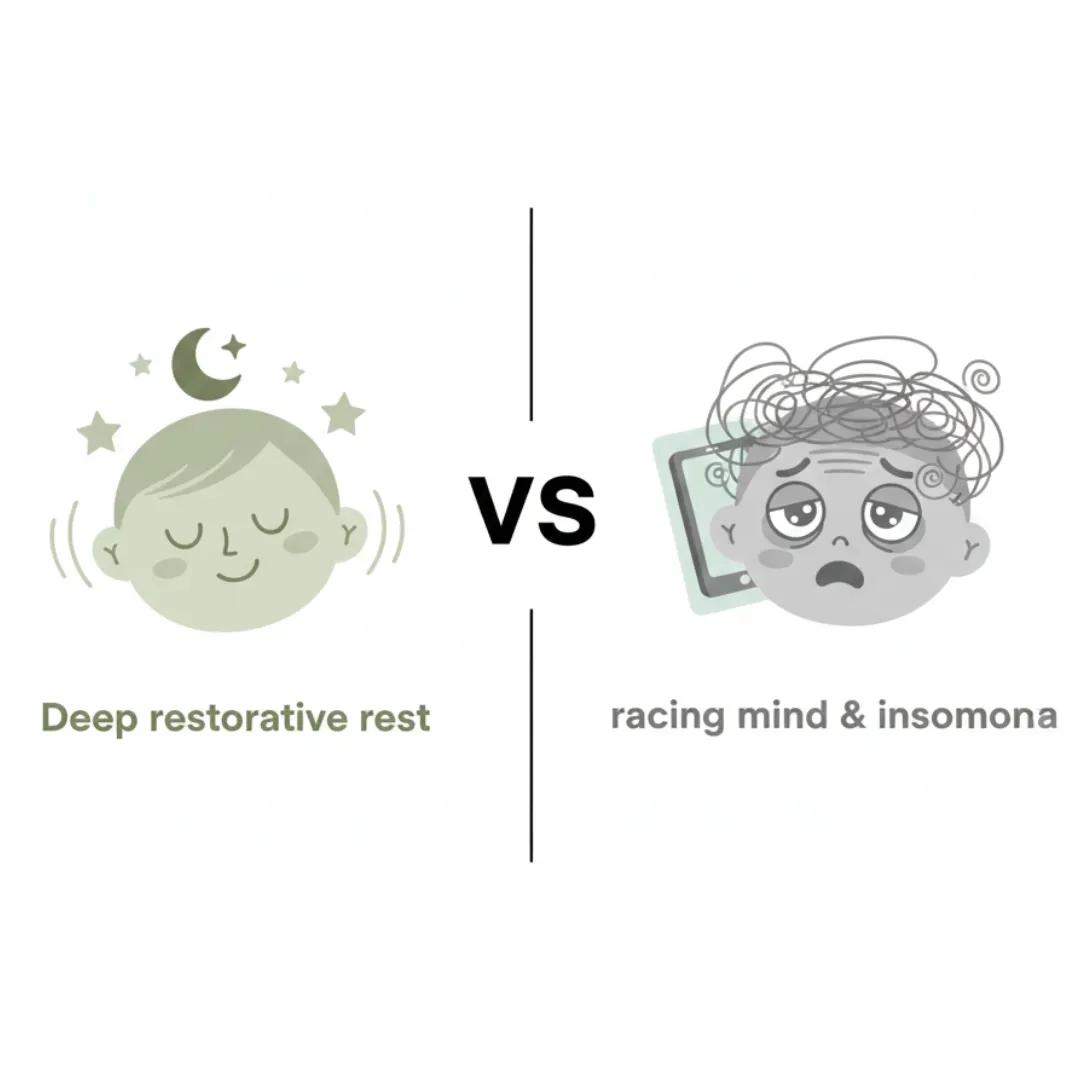 Illustration comparing restful sleep to insomnia with symbols and facial expressions.