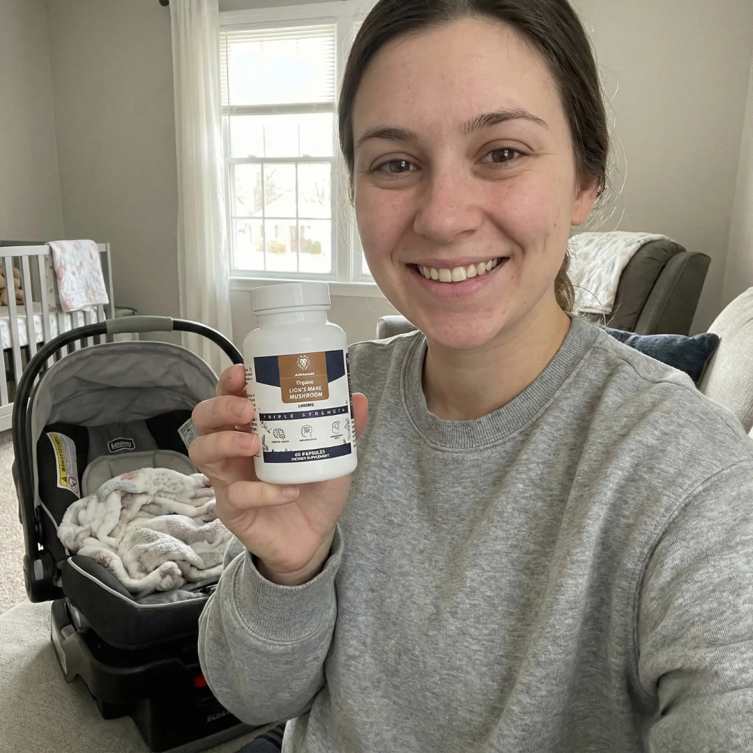 Person holding a supplement bottle, smiling in a room with a baby car seat.