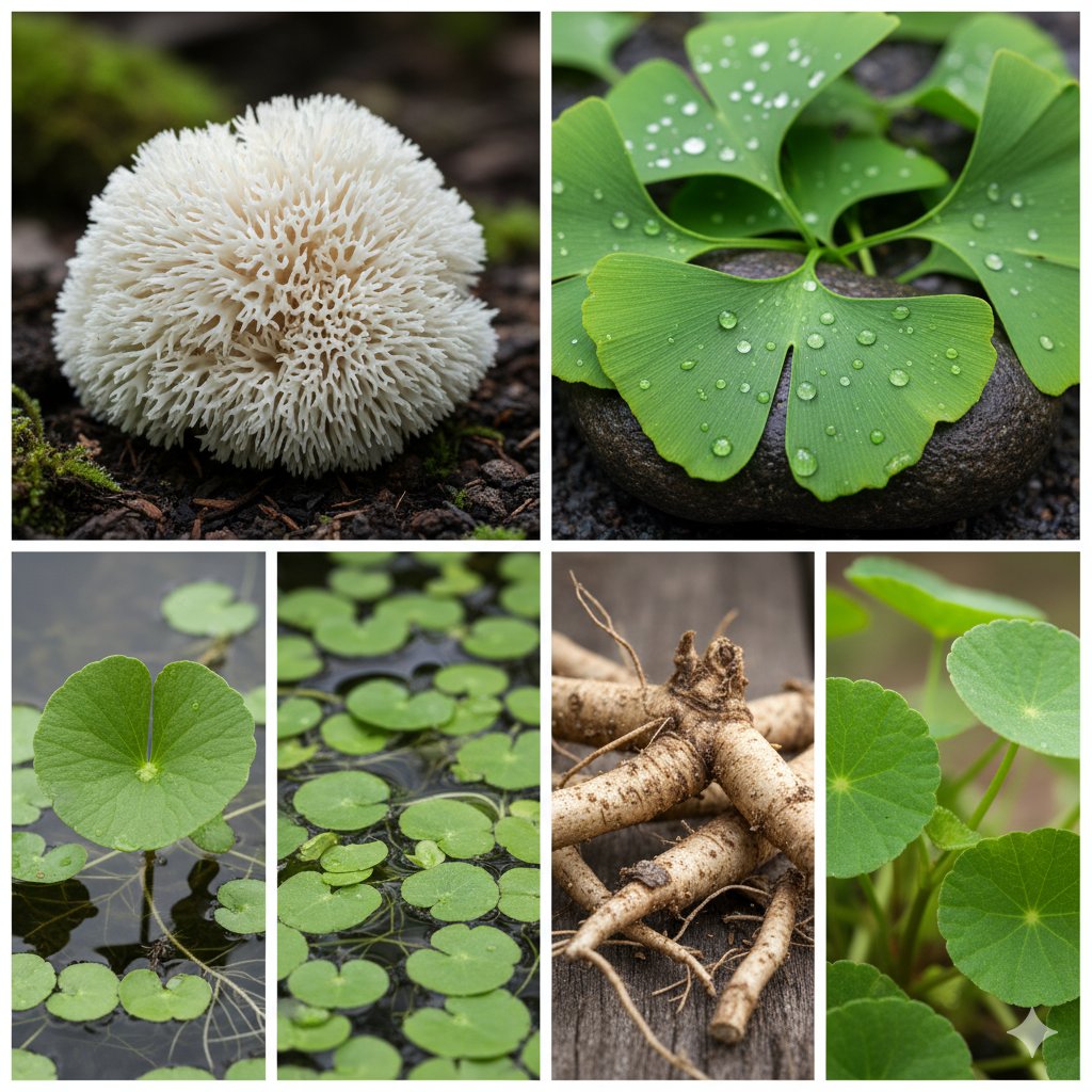 A bottle of Lion's Mane Mushroom supplements, a journal, headphones, and a guide on a white background.