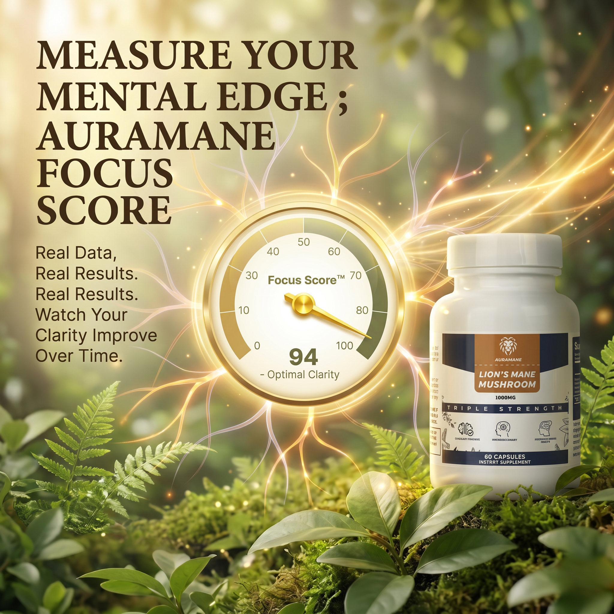 An advertisement for Auramane Lion's Mane Mushroom supplement with a bottle next to a 'Focus Score' dial.