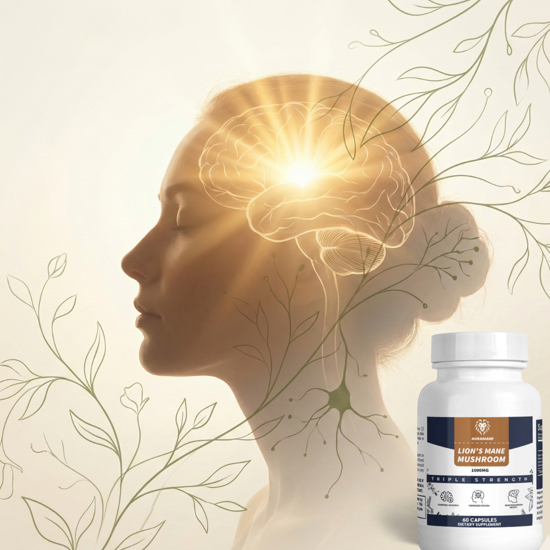 Silhouette of a woman with a brain overlay, sunlight, plants, and a mushroom supplement bottle.