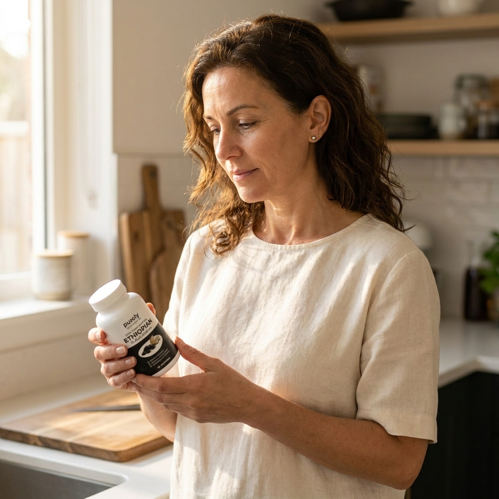 A woman with wavy brown hair stands in a sunlit kitchen, looking at a supplement bottle she's holding.