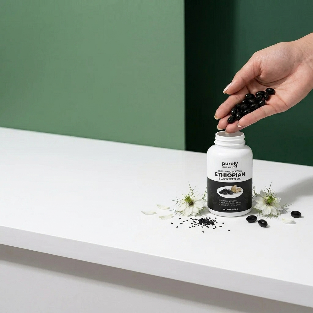 A white bottle of Purely Nutrient Ethiopian Blackseed Oil softgels against a plain white background.