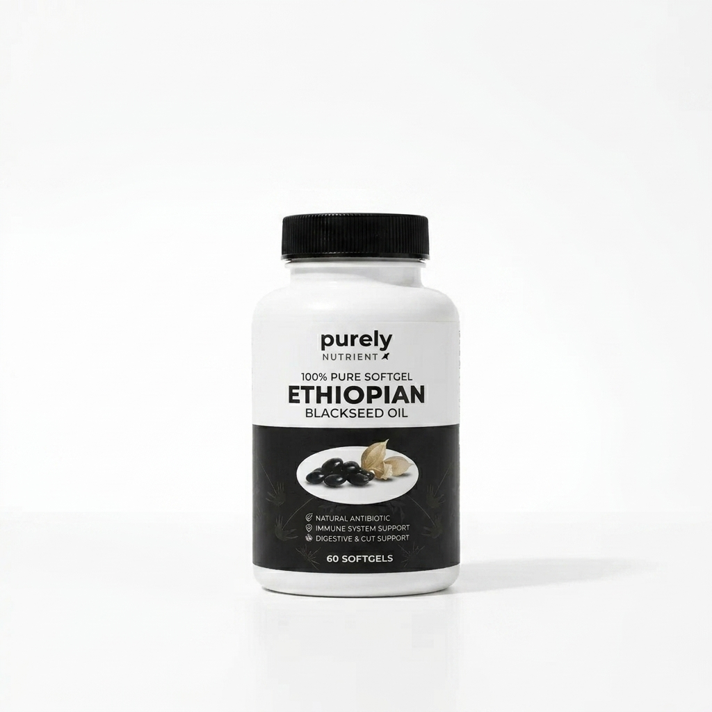 A white bottle of Purely Nutrient Ethiopian Blackseed Oil softgels sits on a white surface.