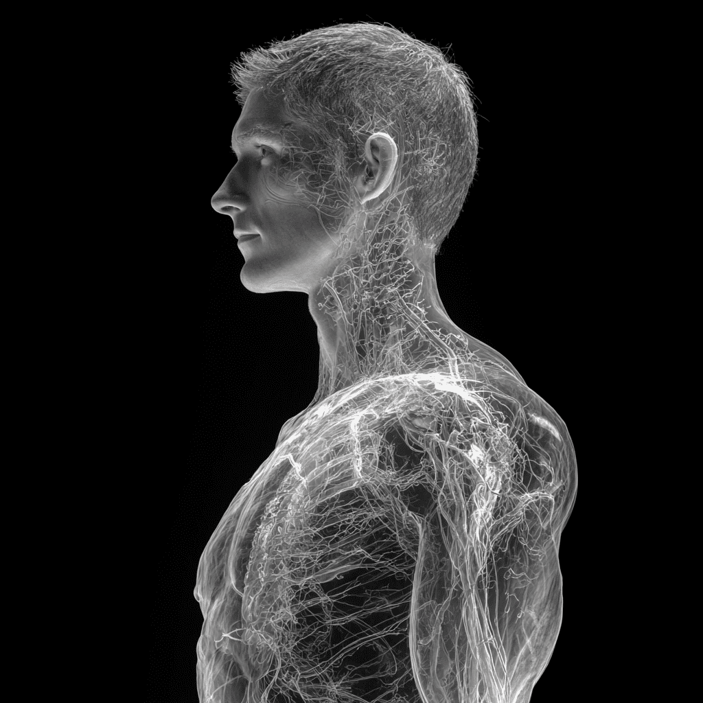 A black and white medical illustration of a man's upper body, showing the lymphatic system.