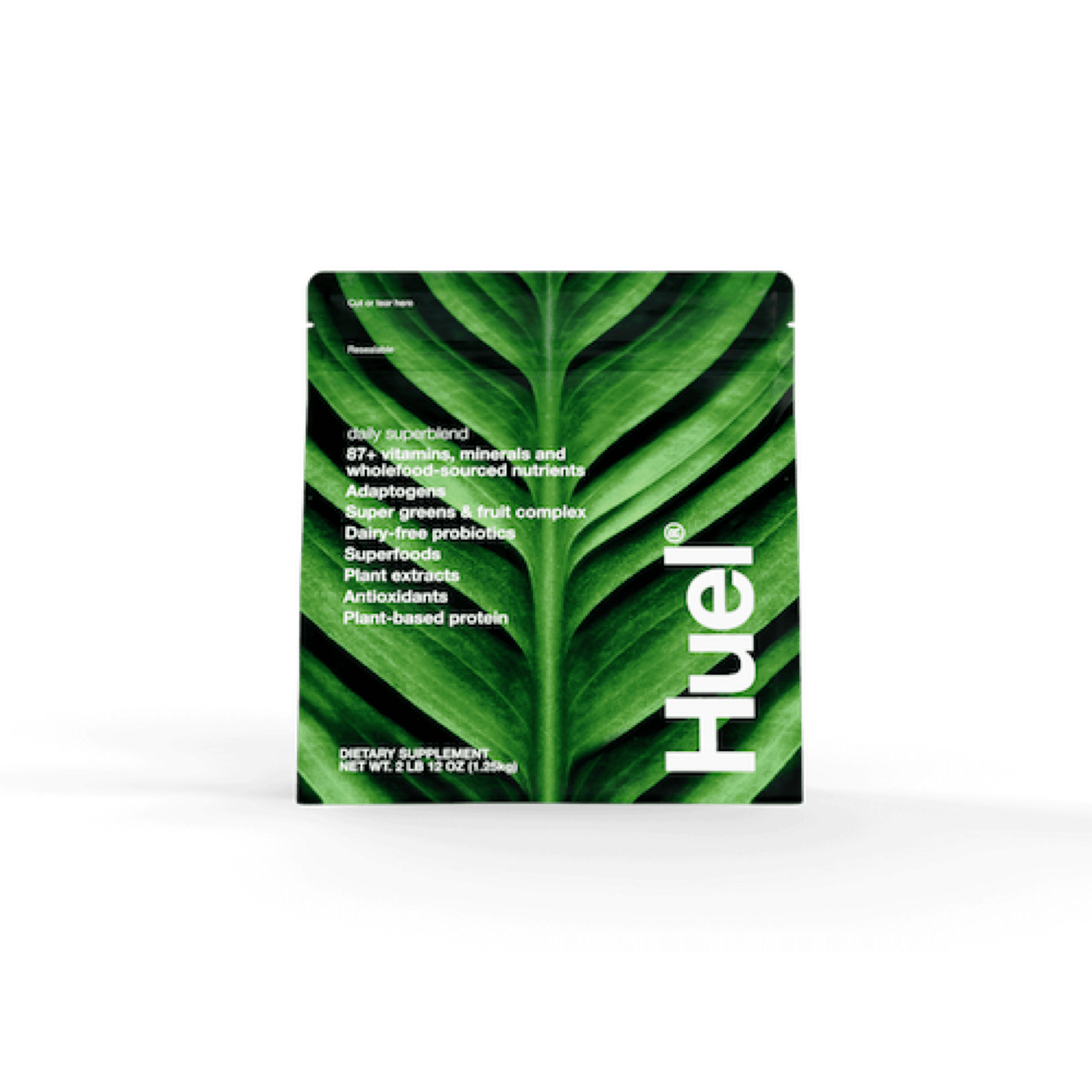 Green leaf design on a Huel supplement package.