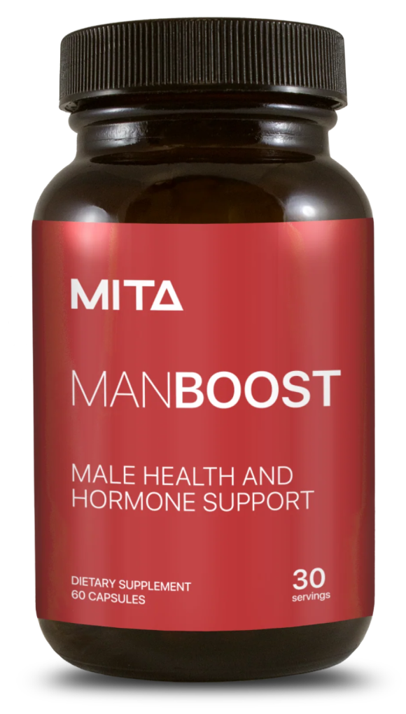 Bottle of dietary supplement labeled 'MANBOOST' for male health and hormone support.