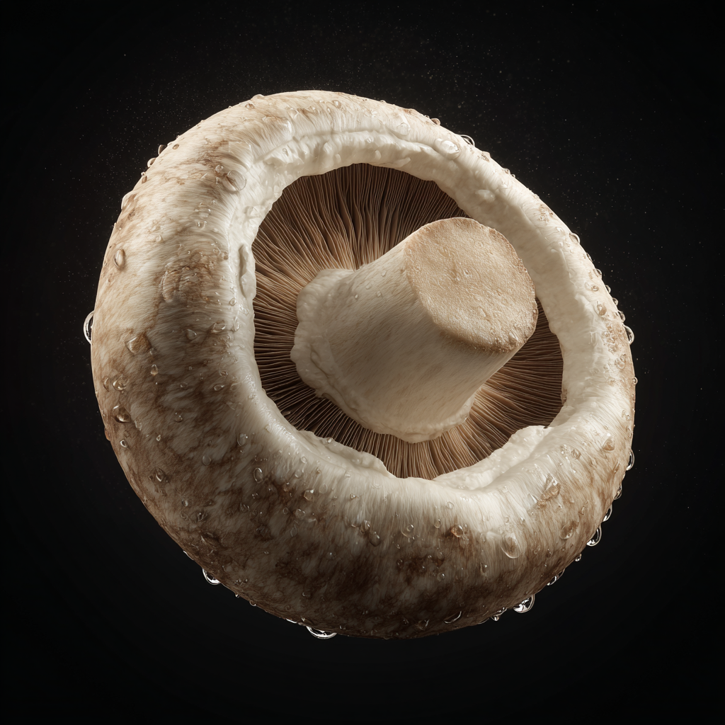 An underside view of a fresh mushroom with water droplets on a black background.