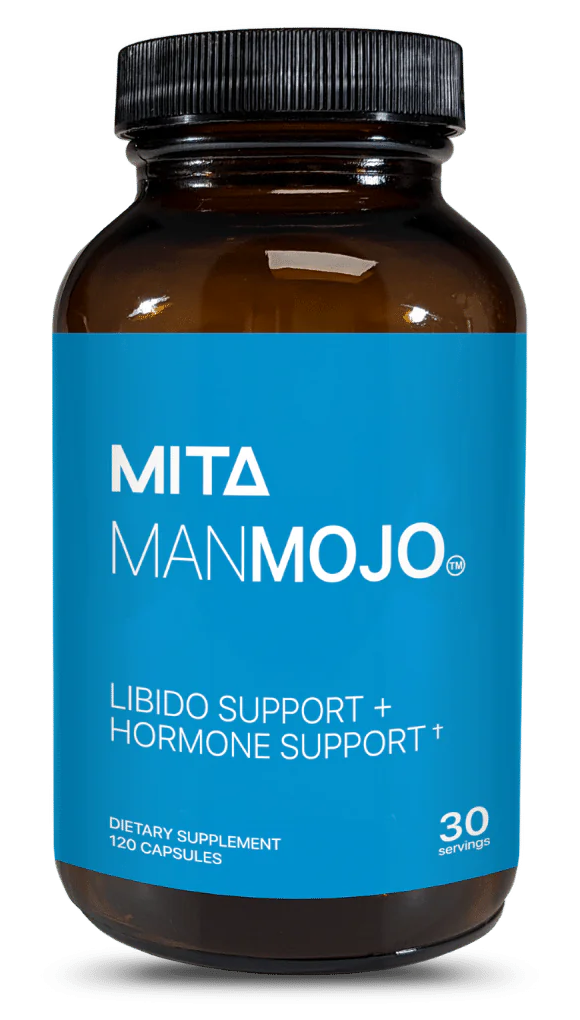 Brown bottle with blue label, 'MITA MANMOJO' dietary supplement.