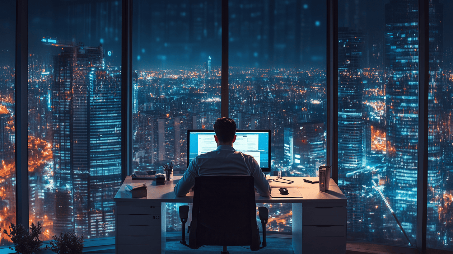 Man working at a desk overlooking a cityscape at night.