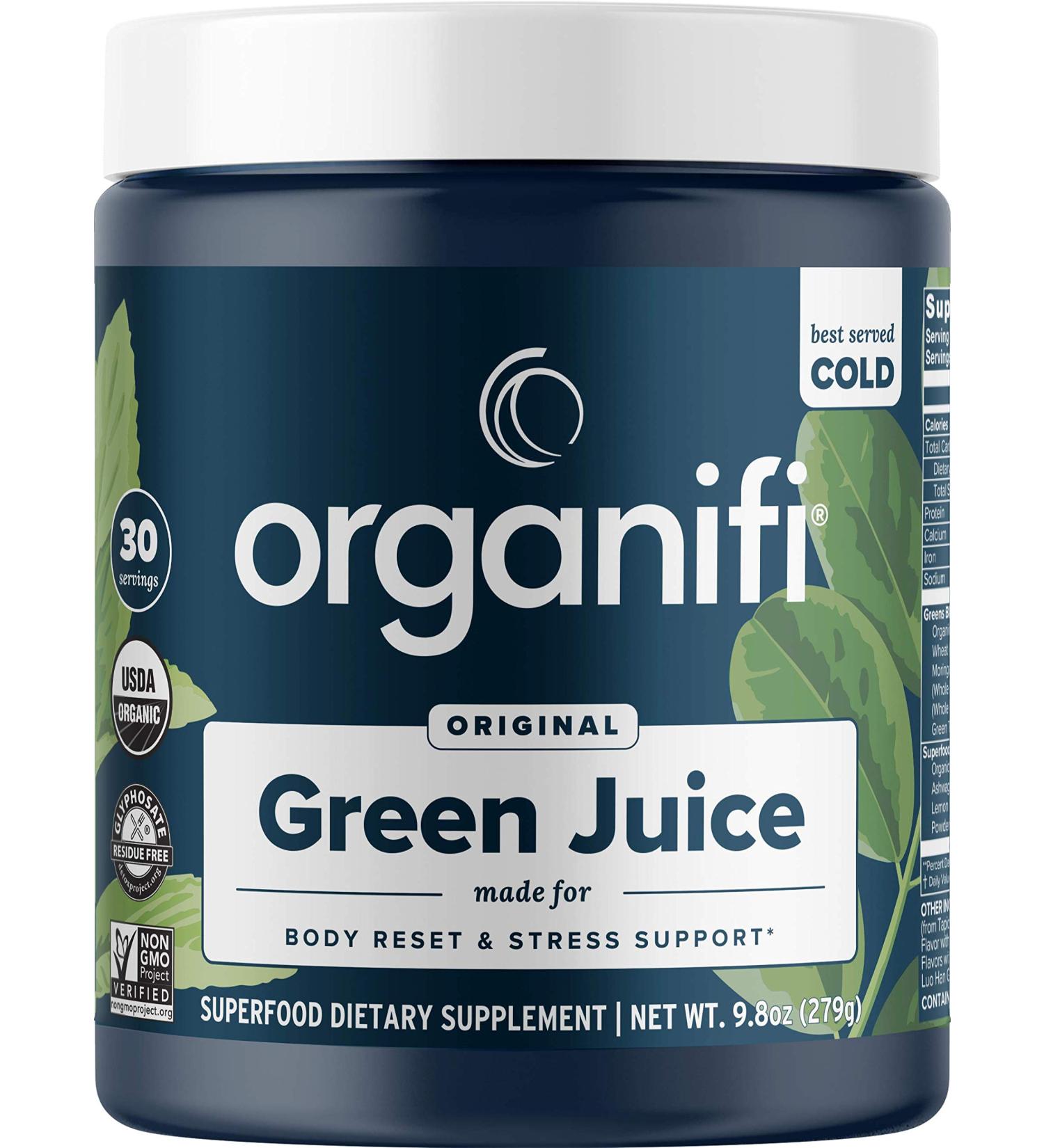 Container of Organifi Green Juice dietary supplement.
