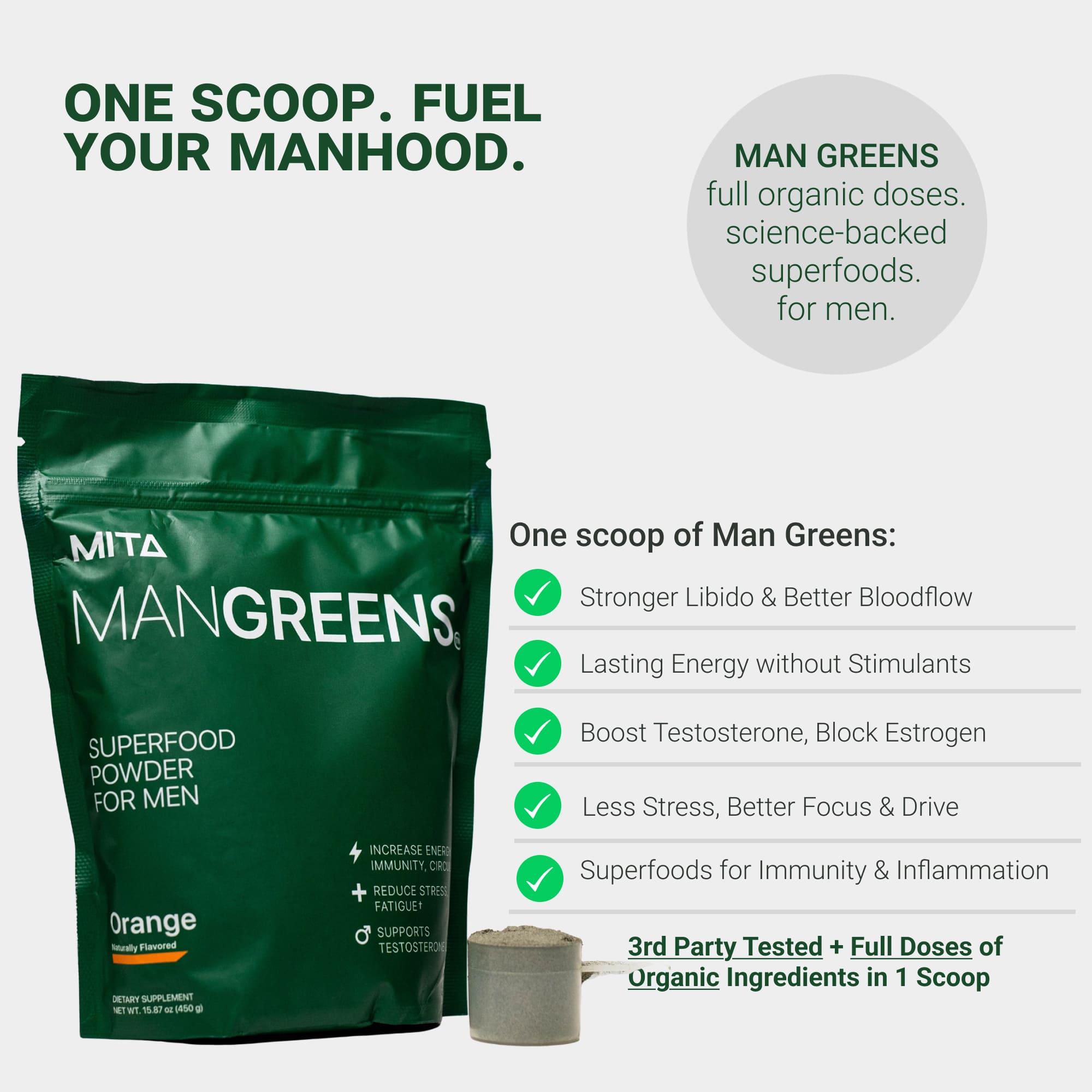 Green packaging of Man Greens superfood with health benefits listed beside it.