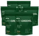 Five dark green bags of MAN GREENS supplement.