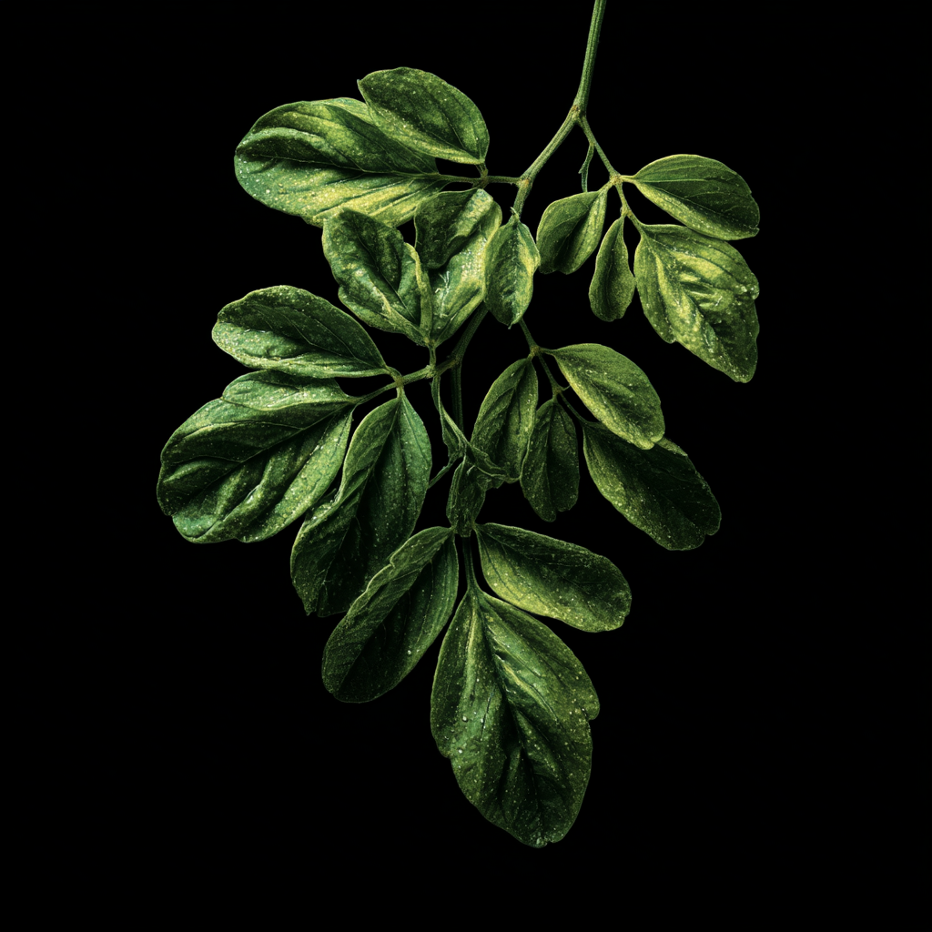 A close-up of a sprig of green leaves with water droplets, isolated against a solid black background.