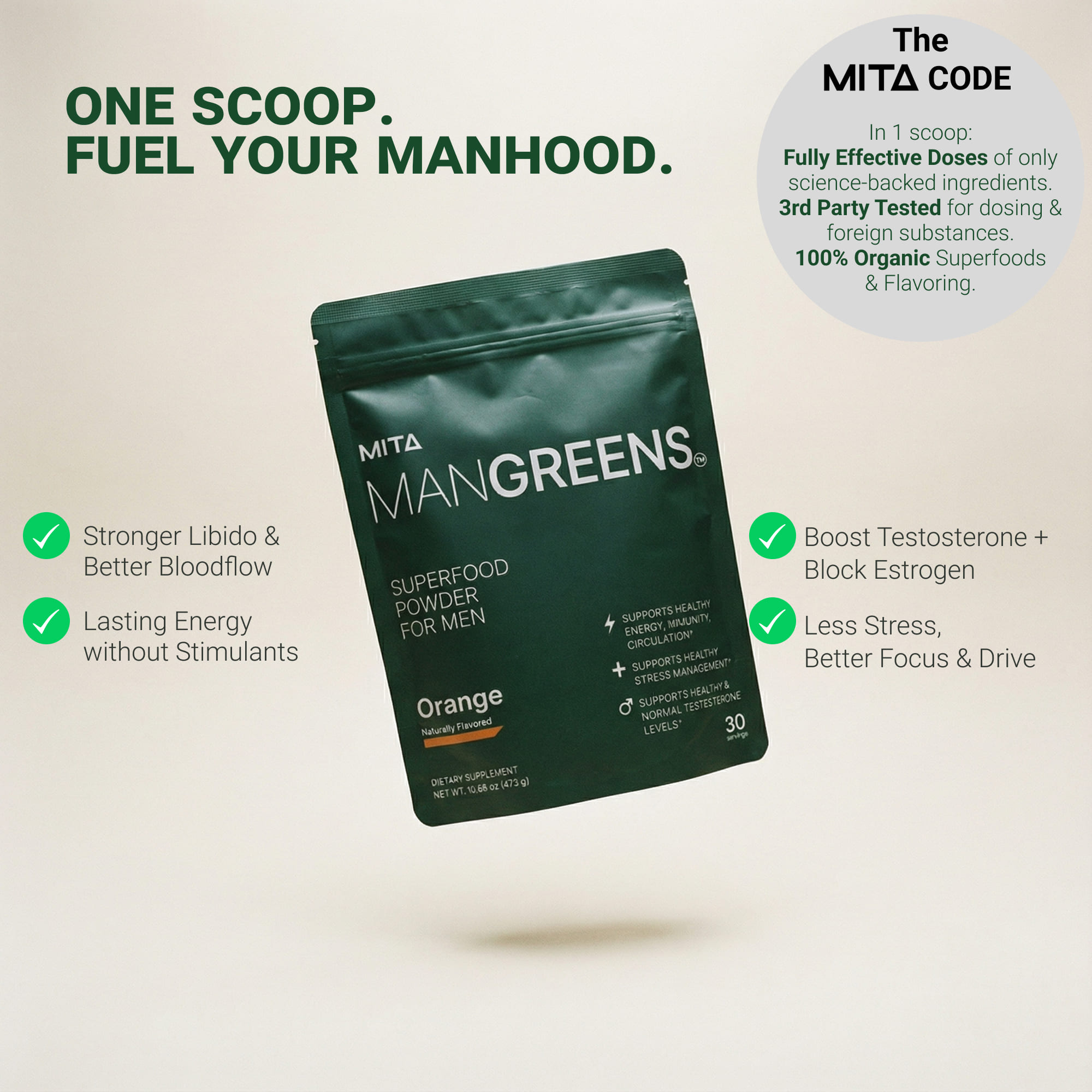 Green package of MANgreens superfood powder with promotional text and benefits.