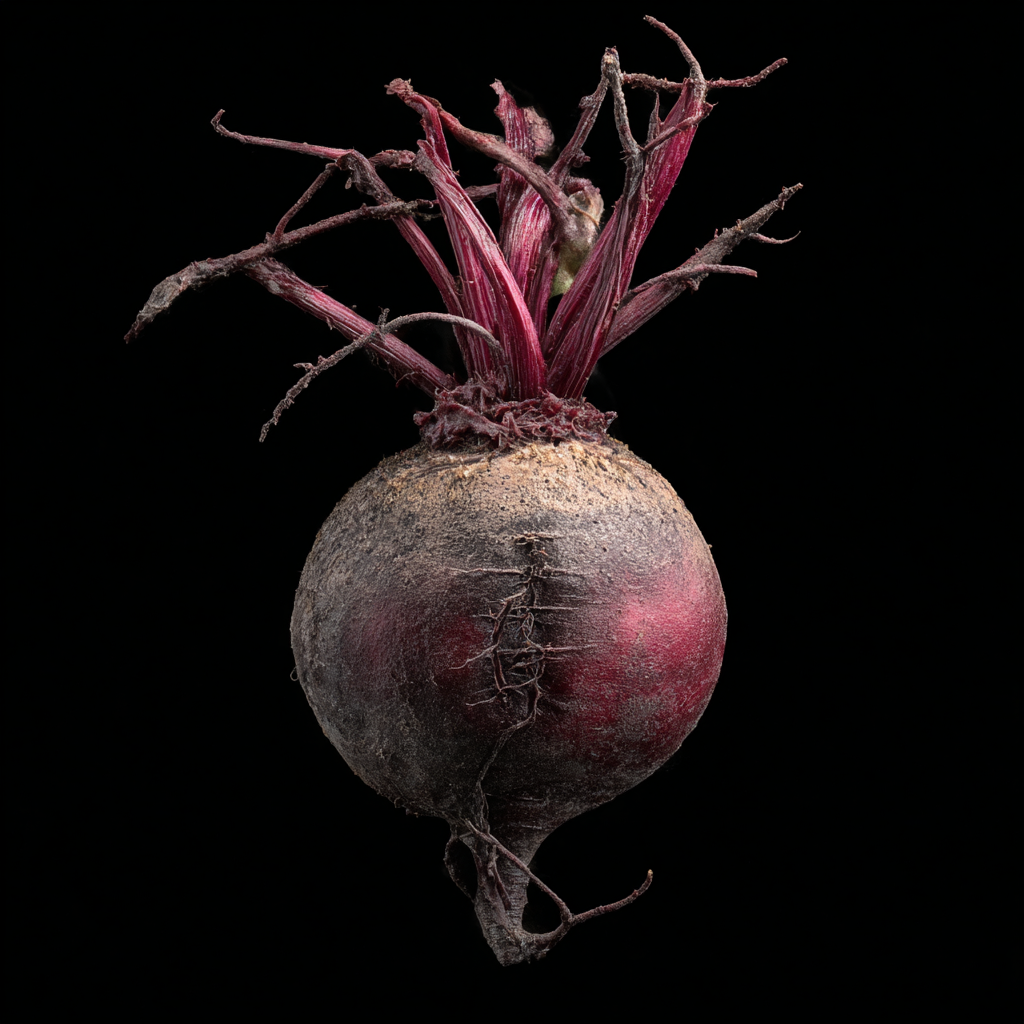 A single, unwashed beetroot with stems and a taproot, photographed against a solid black background.